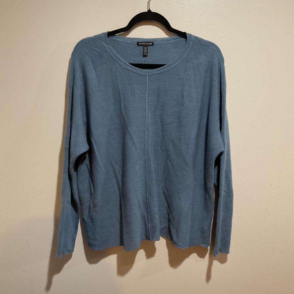 Eileen Fisher Merino Wool Relaxed Wide Knit Blue Sweater Top Size X-Large
